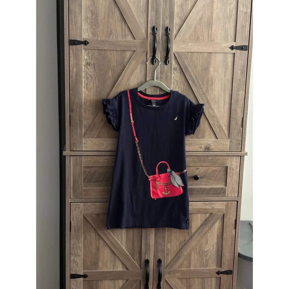 Nautica Girls Navy Blue Trompe L'oeil Purse Graphic Ruffle Sleeve Dress Size 5